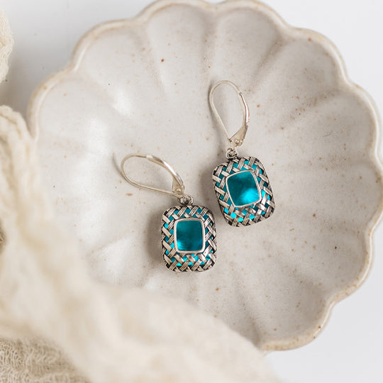 Vintage Quilted Square Sterling Silver Lever Back Earrings-Sterling Silver-Bottled Up Designs